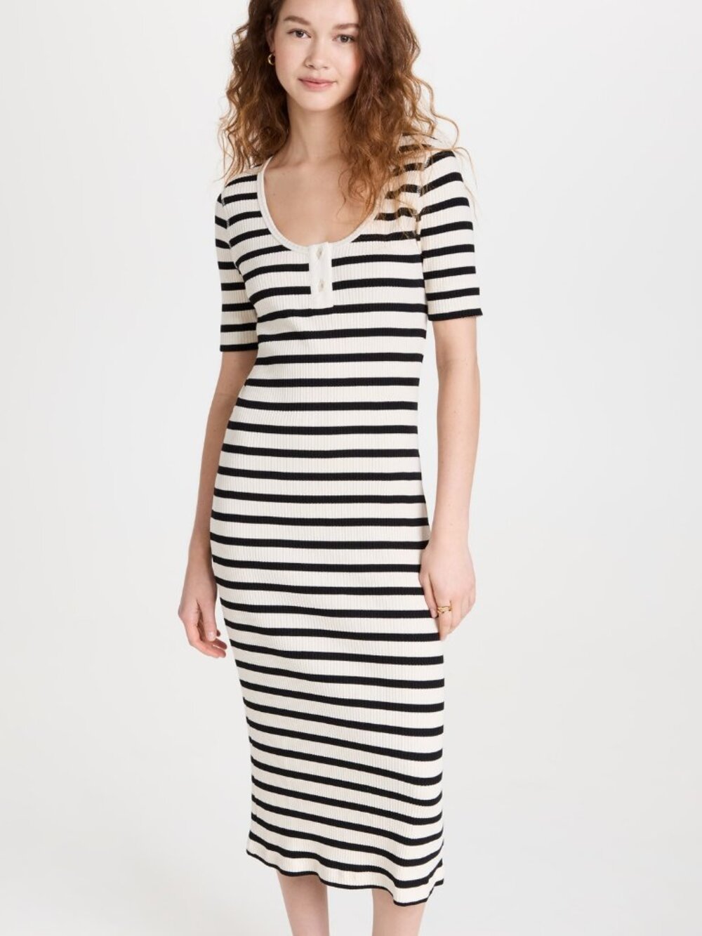 Ganni Ribbed Black and Cream Striped Dress Size L